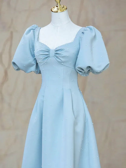 Romantic Ballgown Square-Neck Puff-Sleeve Pearl-Accent Satin Sky-Blue Maxi Evening Dress for Women