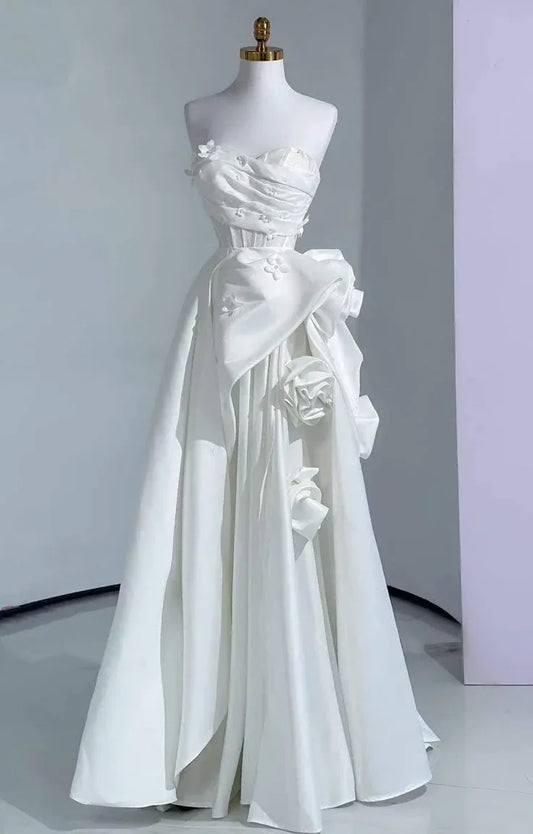 Romantic Ballgown Strapless 3D-Floral Satin White Floor-Length Evening Dress for Women