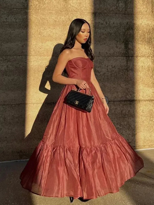 Romantic Ballgown Strapless Tiered Satin Terracotta Maxi Evening Dress for Women
