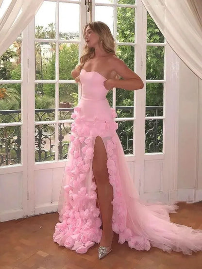 Romantic Ballgown Sweetheart Sleeveless 3D-Rose Pink Long Prom Dress for Women Ready to Ship