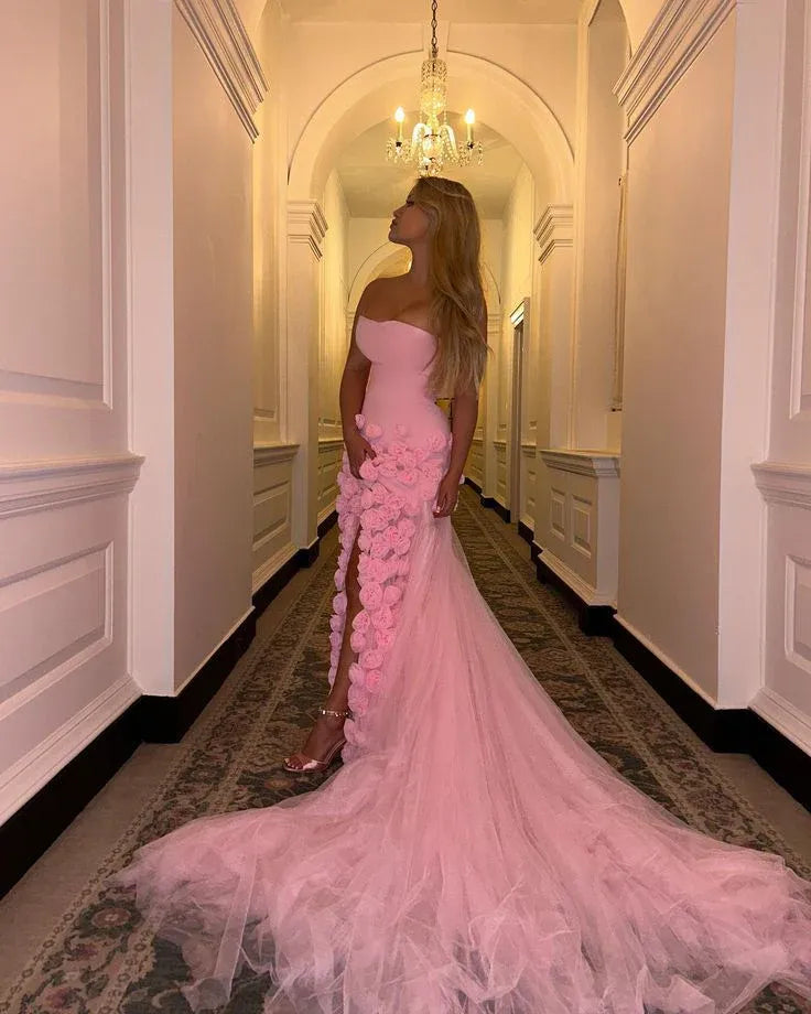 Romantic Ballgown Sweetheart Sleeveless 3D-Rose Pink Long Prom Dress for Women Ready to Ship