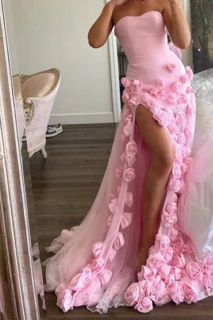Romantic Ballgown Sweetheart Sleeveless 3D-Rose Pink Long Prom Dress for Women Ready to Ship