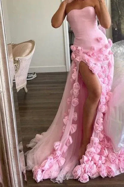 Romantic Ballgown Sweetheart Sleeveless 3D-Rose Pink Long Prom Dress for Women Ready to Ship
