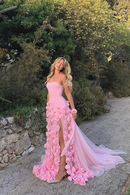 Romantic Ballgown Sweetheart Sleeveless 3D-Rose Pink Long Prom Dress for Women Ready to Ship
