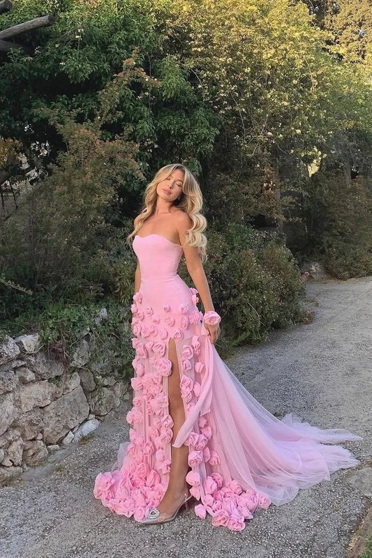 Romantic Ballgown Sweetheart Sleeveless 3D-Rose Pink Long Prom Dress for Women Ready to Ship