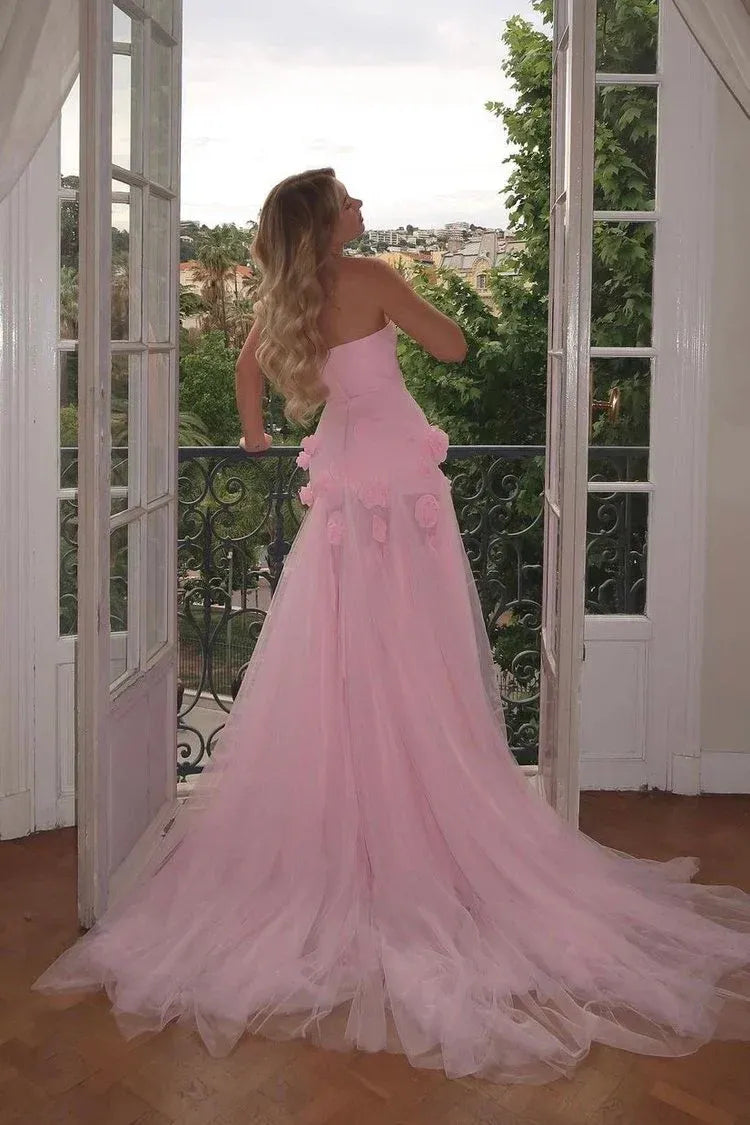 Romantic Ballgown Sweetheart Sleeveless 3D-Rose Pink Long Prom Dress for Women Ready to Ship