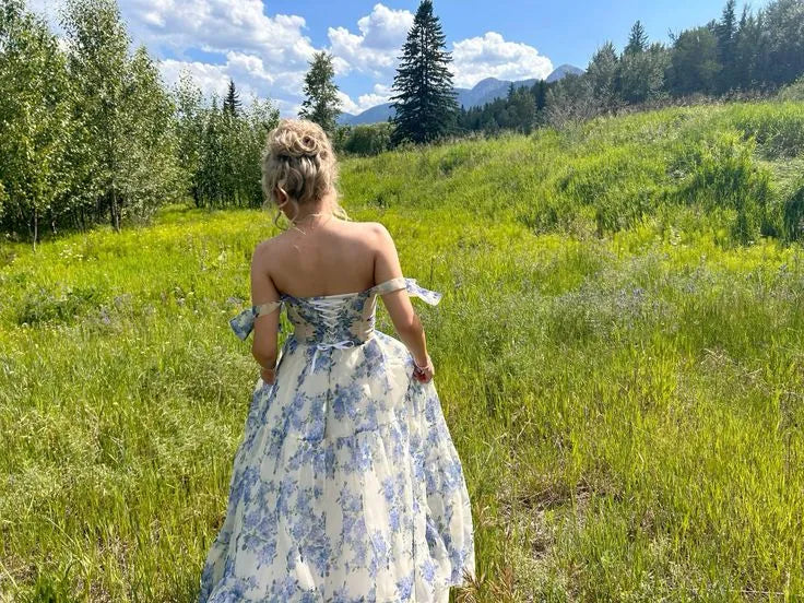 Romantic Chiffon Maxi Evening Dress Blue-White Floral Off-Shoulder for Women