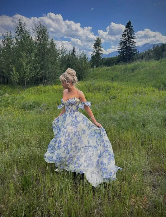 Romantic Chiffon Maxi Evening Dress Blue-White Floral Off-Shoulder for Women