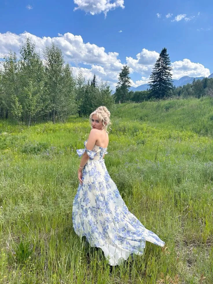 Romantic Chiffon Maxi Evening Dress Blue-White Floral Off-Shoulder for Women
