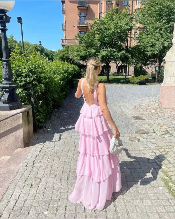 Romantic Chiffon Maxi Evening Dress Pink Halter Neck Sleeveless for Women