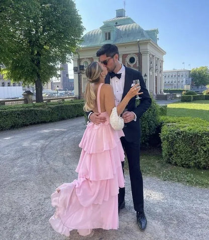 Romantic Chiffon Maxi Evening Dress Pink Halter Neck Sleeveless for Women