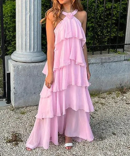Romantic Chiffon Maxi Evening Dress Pink Halter Neck Sleeveless for Women