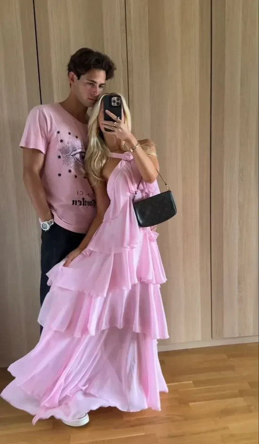 Romantic Chiffon Maxi Evening Dress Pink Halter Neck Sleeveless for Women