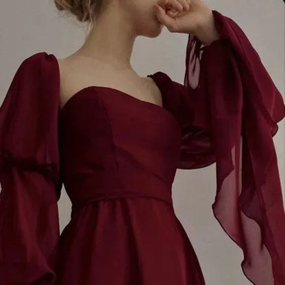 Romantic Chiffon Midi Evening Dress Burgundy Square Neck Puff Sleeves for Women