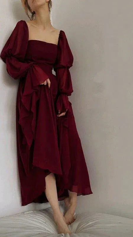 Romantic Chiffon Midi Evening Dress Burgundy Square Neck Puff Sleeves for Women