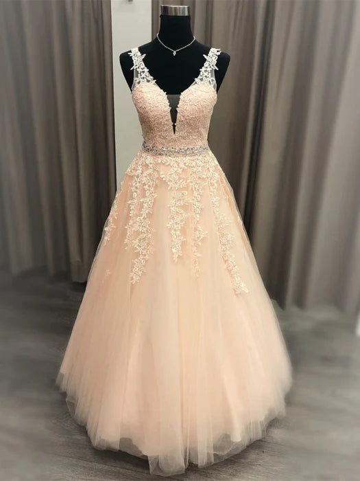 Romantic Deep V Sleeveless Lace Blush Pink Floor-Length Prom Dress
