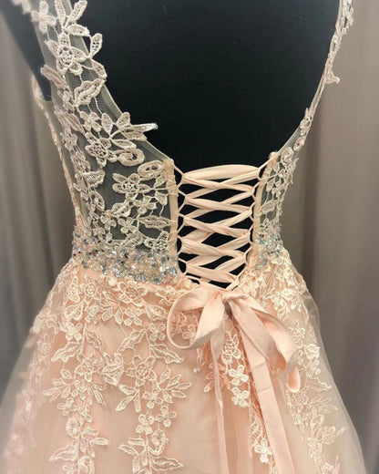 Romantic Deep V Sleeveless Lace Blush Pink Floor-Length Prom Dress