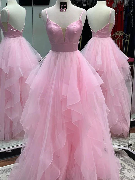 Romantic Deep V Sleeveless Tulle Pink Floor-Length Prom Dress
