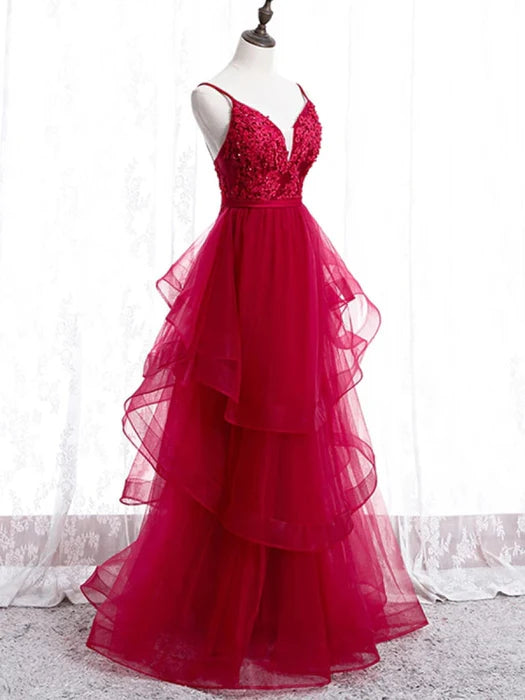 Romantic Deep V Spaghetti Strap Lace Red Floor-Length Prom Dress