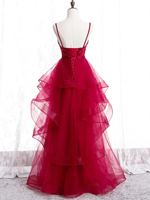 Romantic Deep V Spaghetti Strap Lace Red Floor-Length Prom Dress