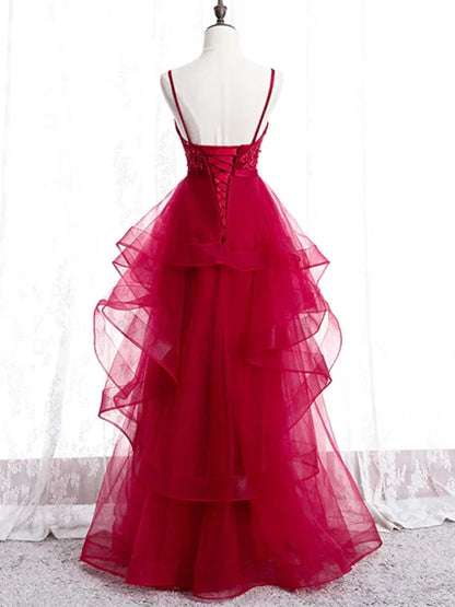 Romantic Deep V Spaghetti Strap Lace Red Floor-Length Prom Dress