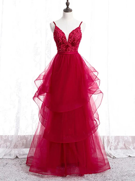 Romantic Deep V Spaghetti Strap Lace Red Floor-Length Prom Dress