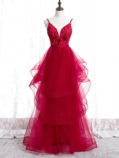 Romantic Deep V Spaghetti Strap Lace Red Floor-Length Prom Dress