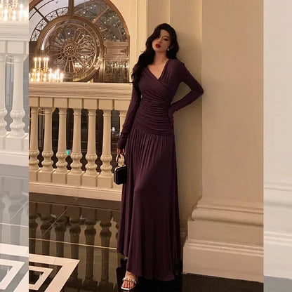 Romantic Draped A-Line V-Neck Long-Sleeve Plum Purple Maxi Prom Dress for Women ready to ship