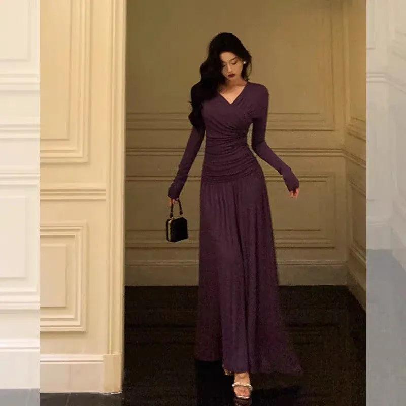 Romantic Draped A-Line V-Neck Long-Sleeve Plum Purple Maxi Prom Dress for Women ready to ship