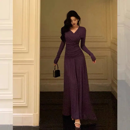 Romantic Draped A-Line V-Neck Long-Sleeve Plum Purple Maxi Prom Dress for Women ready to ship