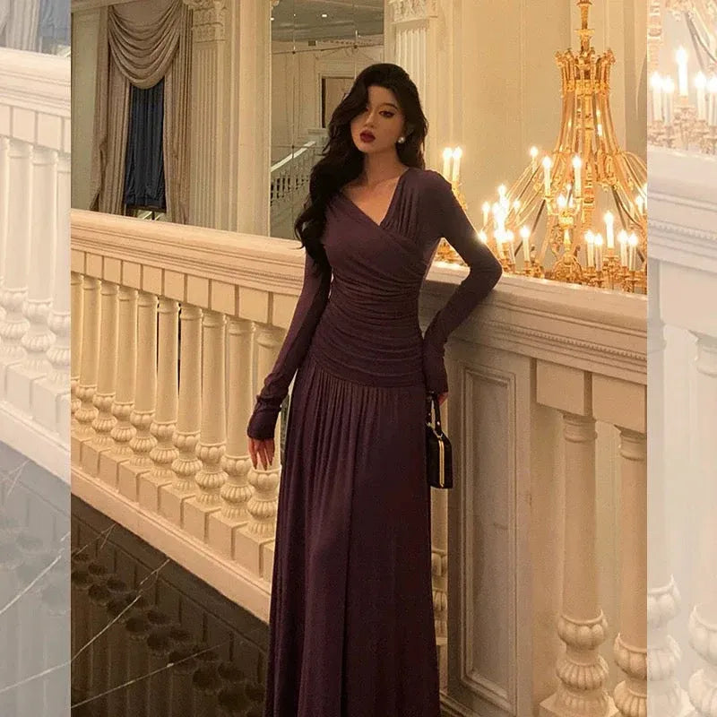 Romantic Draped A-Line V-Neck Long-Sleeve Plum Purple Maxi Prom Dress for Women ready to ship