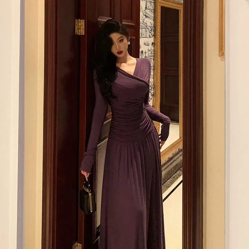 Romantic Draped A-Line V-Neck Long-Sleeve Plum Purple Maxi Prom Dress for Women ready to ship
