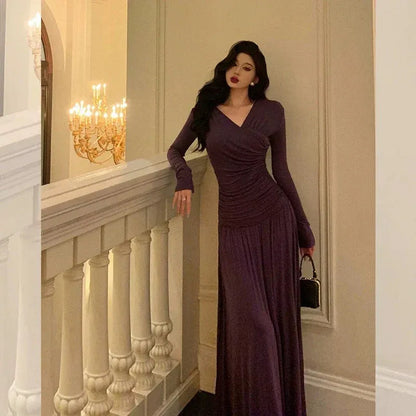 Romantic Draped A-Line V-Neck Long-Sleeve Plum Purple Maxi Prom Dress for Women ready to ship