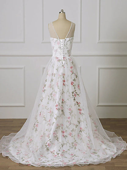 Romantic Floral A-Line Sweetheart Tulle White Floor-Length Party Dress