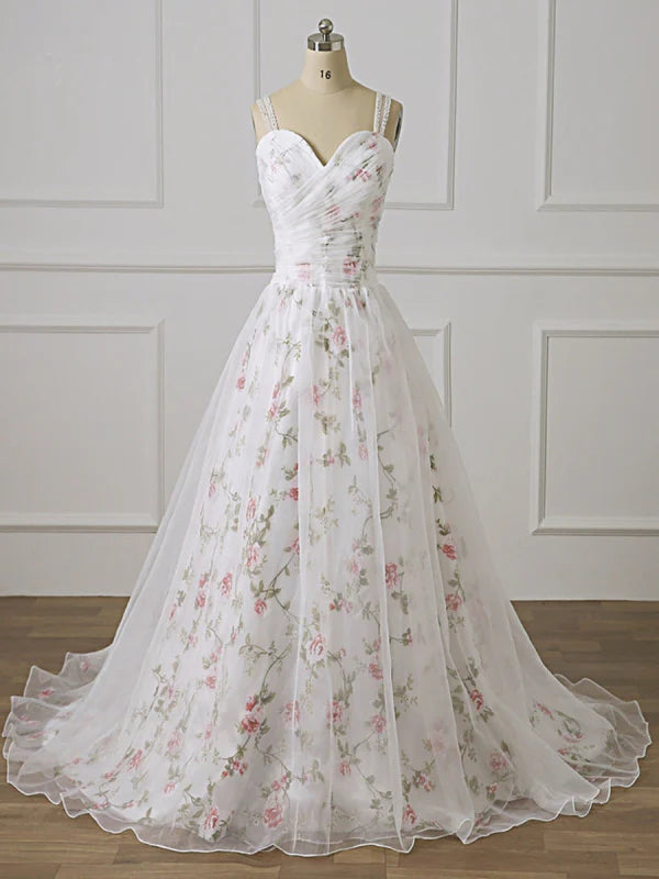 Romantic Floral A-Line Sweetheart Tulle White Floor-Length Party Dress