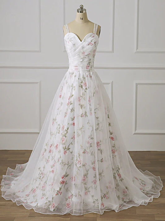 Romantic Floral A-Line Sweetheart Tulle White Floor-Length Party Dress