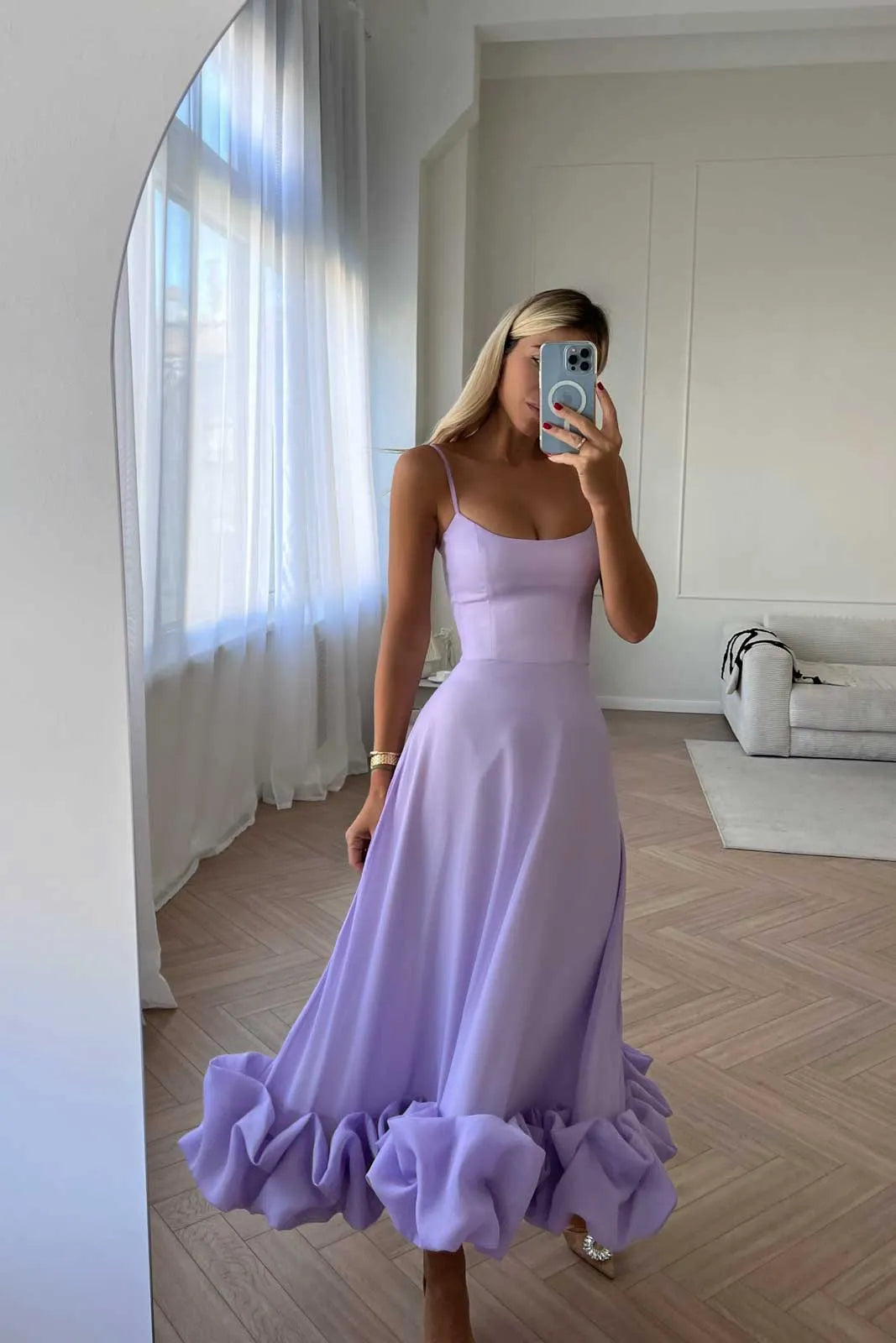 Romantic Flowy Square-Neck Spaghetti-Strap Ruffled Lavender Midi Prom Dress for Women Hot Sale