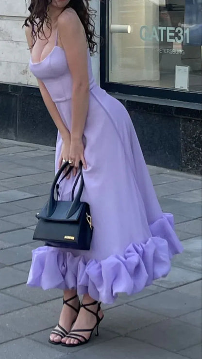 Romantic Flowy Square-Neck Spaghetti-Strap Ruffled Lavender Midi Prom Dress for Women Hot Sale