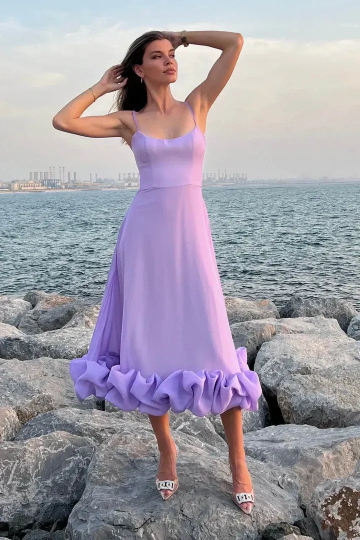 Romantic Flowy Square-Neck Spaghetti-Strap Ruffled Lavender Midi Prom Dress for Women Hot Sale