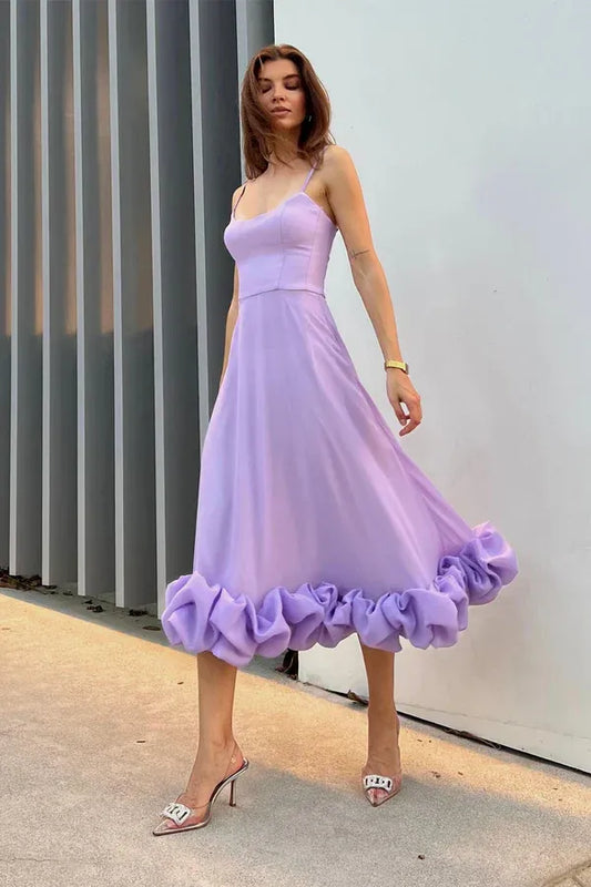 Romantic Flowy Square-Neck Spaghetti-Strap Ruffled Lavender Midi Prom Dress for Women Hot Sale