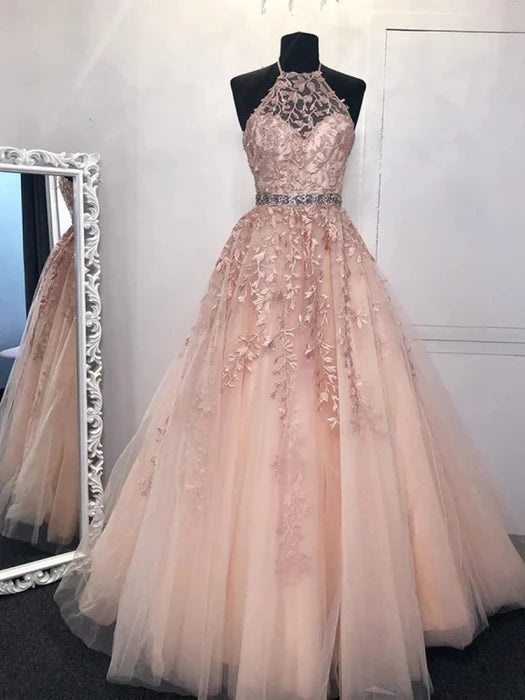Romantic Halter Neck Sleeveless Lace Blush Floor-Length Prom Dress