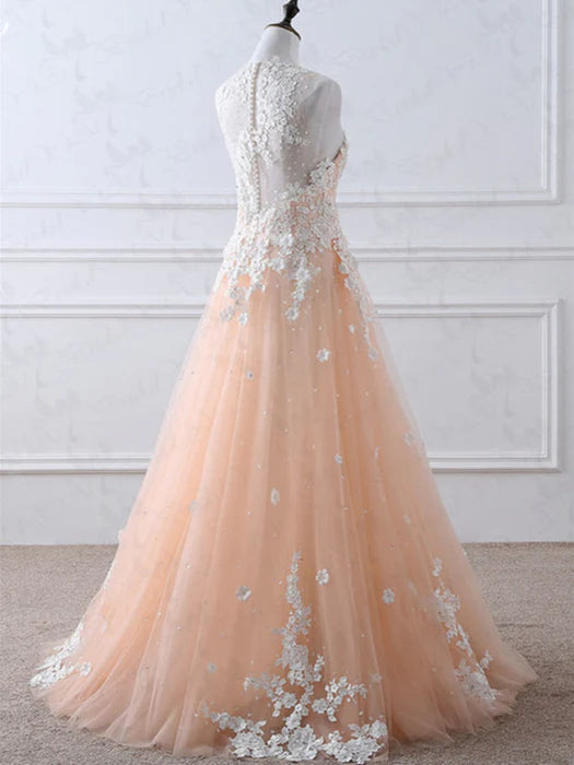Romantic High Neck Sleeveless Lace Peach Floor-Length Prom Dress