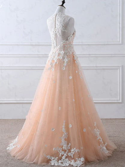 Romantic High Neck Sleeveless Lace Peach Floor-Length Prom Dress