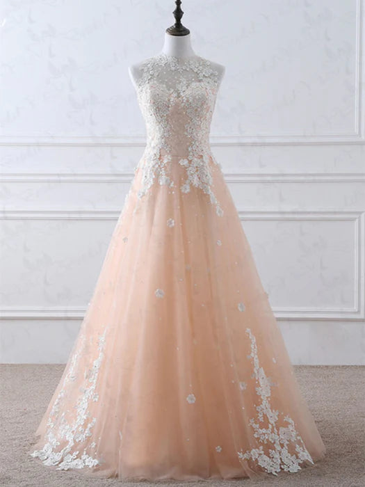 Romantic High Neck Sleeveless Lace Peach Floor-Length Prom Dress