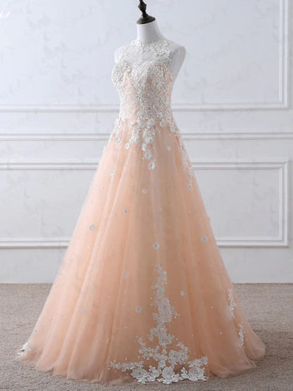 Romantic High Neck Sleeveless Lace Peach Floor-Length Prom Dress