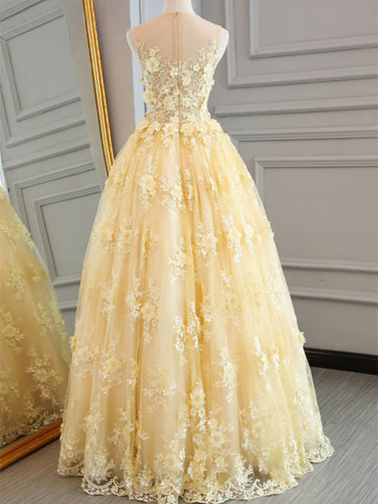 Romantic High Neck Sleeveless Lace Yellow Floor-Length Prom Dress