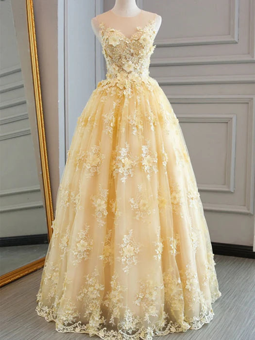 Romantic High Neck Sleeveless Lace Yellow Floor-Length Prom Dress
