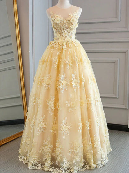 Romantic High Neck Sleeveless Lace Yellow Floor-Length Prom Dress