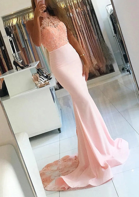 Romantic Lace-Satin Two-Piece Long Evening Dress Blush Halter-Neck Sleeveless Party Gown for Women