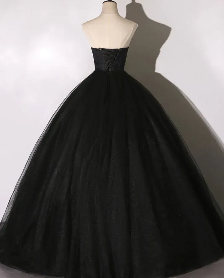 Romantic Lace-Tulle Ballgown Evening Dress Black Sweetheart Strapless for Women